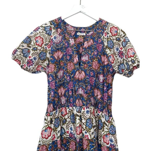 MAISIE Block Print Floral Boho Midi Dress in Ivory & Blue Size Small - Picture 2 of 9
